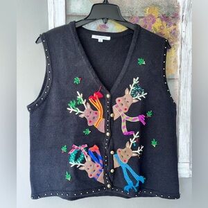 Mercer Street Studio Ugly Christmas Sweater Knit Vest Reindeer Sparkle XL Black